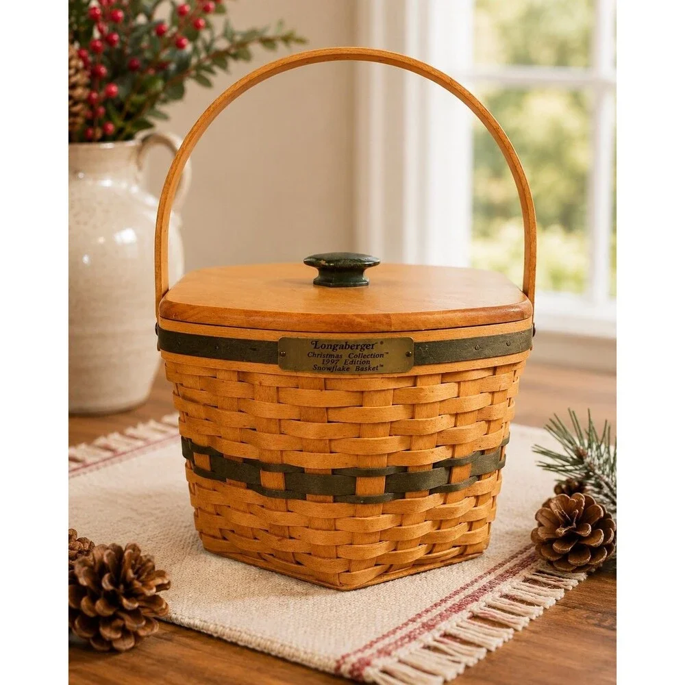 Longaberger 1997 Christmas Green Snowflake Basket with  Wood Lid and Protector